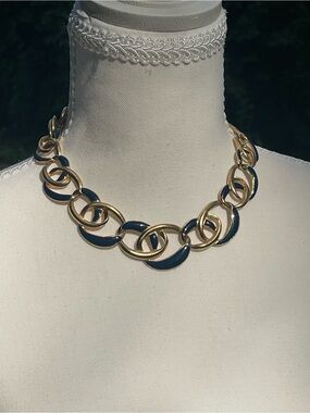 Vintage 80s Gold Navy Blue Enamel Link Necklace